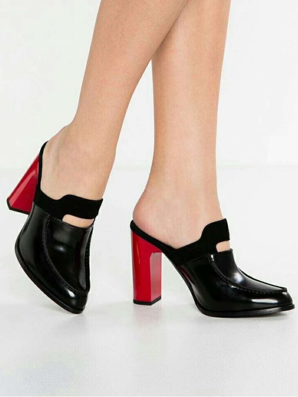 Opening Ceremony Patent Leather Black Color Block Cutout Loafer Mules NWOB Sz 38